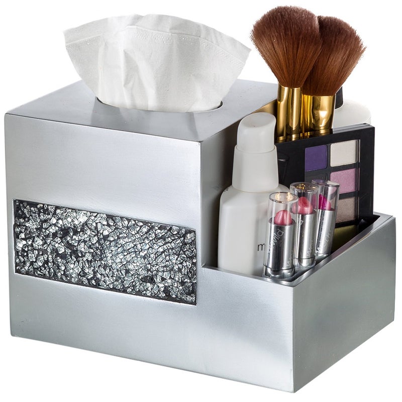 Creative Scents غطاء صندوق مناديل فضي زجاجي متشقق مربع ومنظم طاولة لرجال ونساء - حامل مناديل زجاجي موزاييك متعدد الوظائف مع حامل للمكياج والهاتف وجهاز التحكم عن بعد للطاولة - Image 1